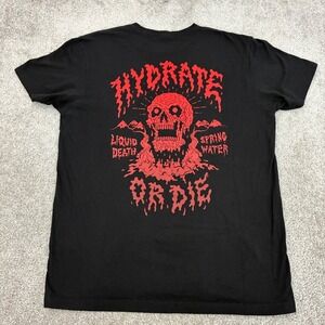 Liquid Death Mens Large Hydrate Or Die Skull Graphic Black Short Sleeve T-Shirt